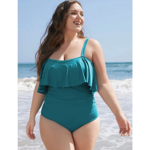 NWT BloomChic Blue Ruffle Sculpt Waist Ruched Front One Piece Swimsuit Size 10/M - Picture 1 of 6